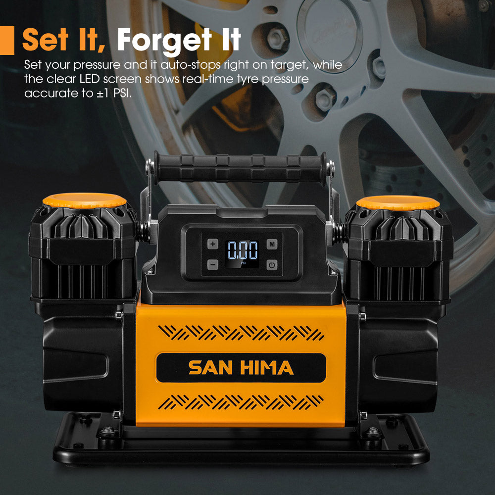 San Hima 12V Dual Cylinders Air Compressor 350L/min 150PSI Digital Portable
