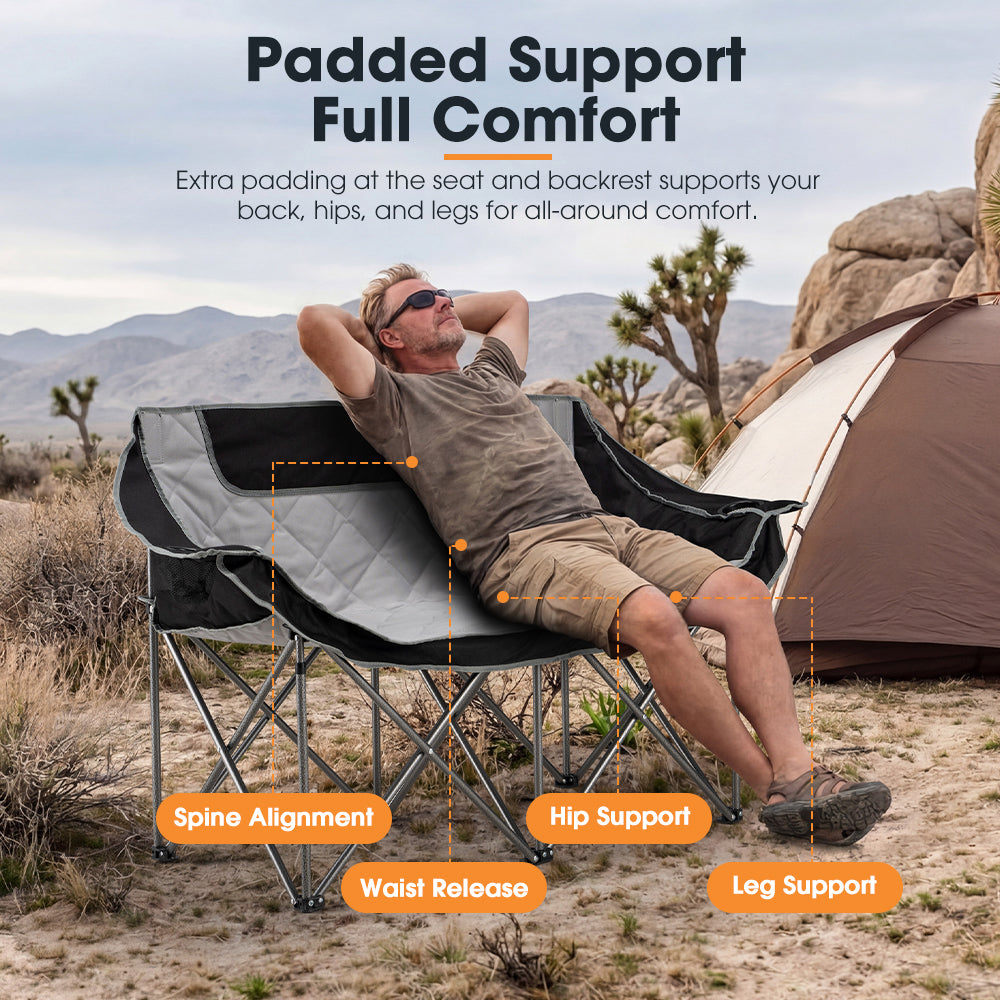 San Hima Folding Double Camping Chair Portable Outdoor Moon Chair 2 Seater Black - Sunyee
