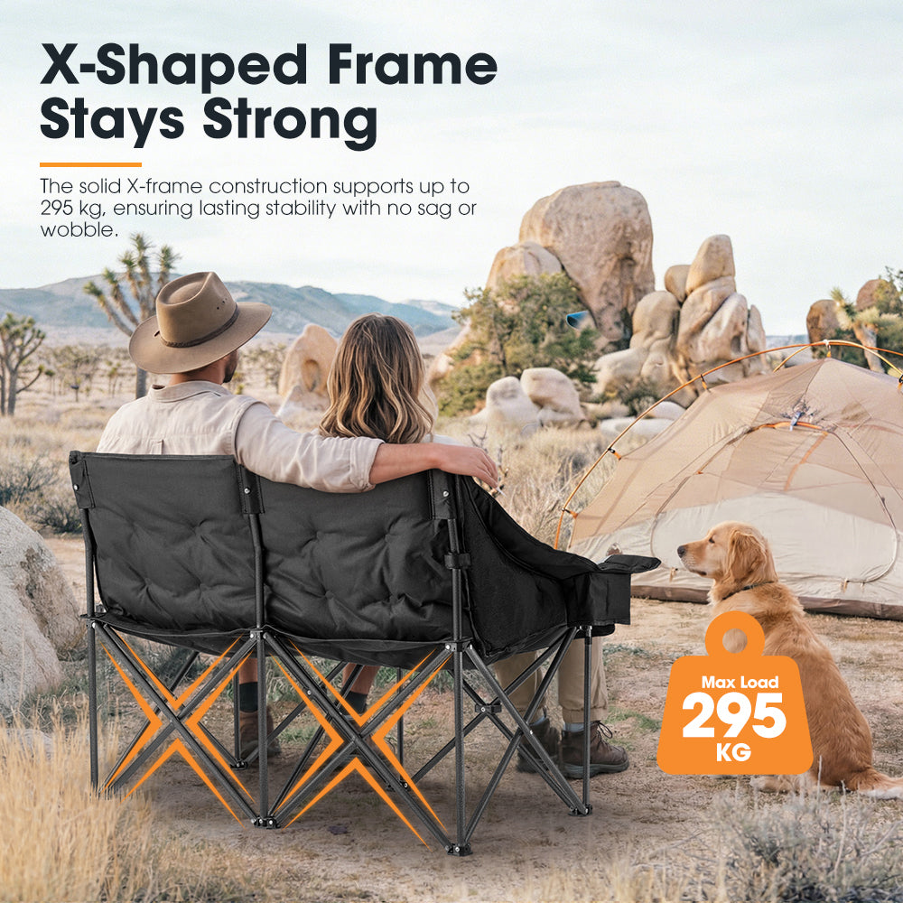 San Hima Folding Double Camping Chair Padded Outdoor Moon Chair Portable Black - Sunyee