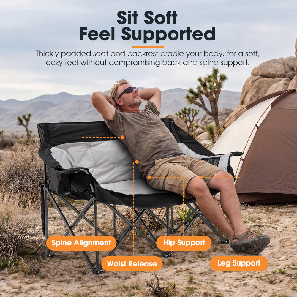San Hima Folding Double Camping Chair Padded Outdoor Moon Chair Portable Black - Sunyee