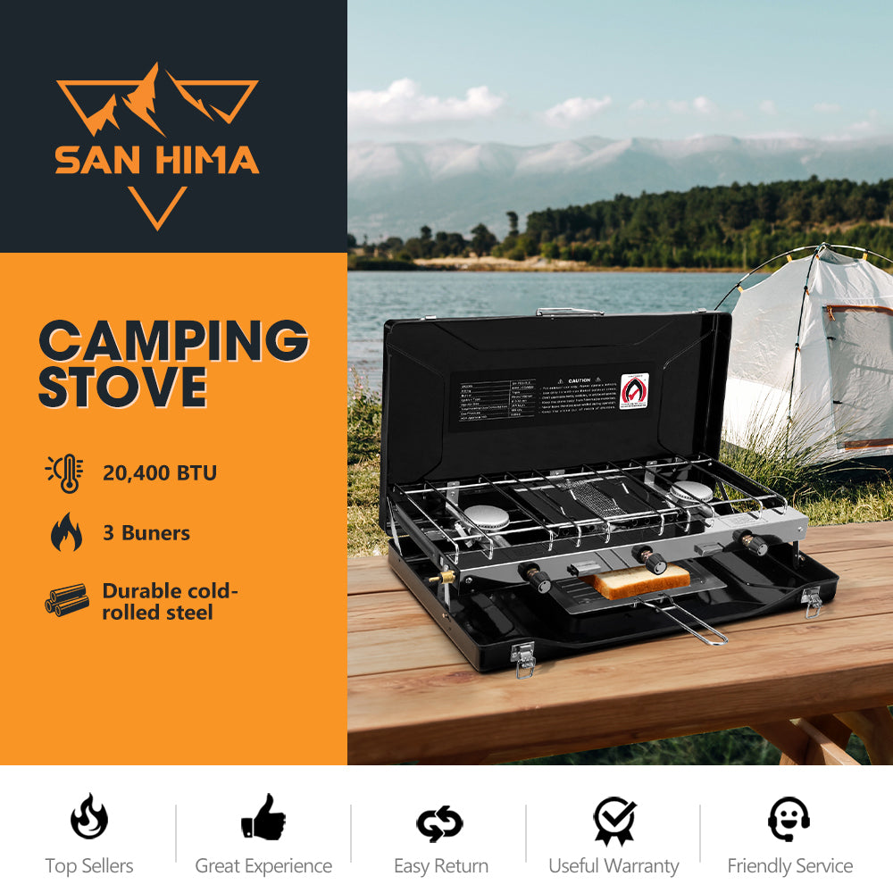 San Hima Camping Gas Stove Portable 3 Burner Outdoor BBQ Cooking 20400 BTU