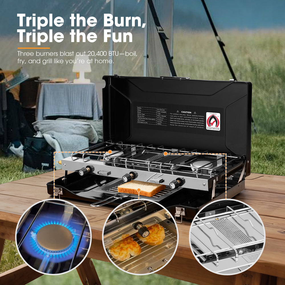 San Hima Camping Gas Stove Portable 3 Burner Outdoor BBQ Cooking 20400 BTU