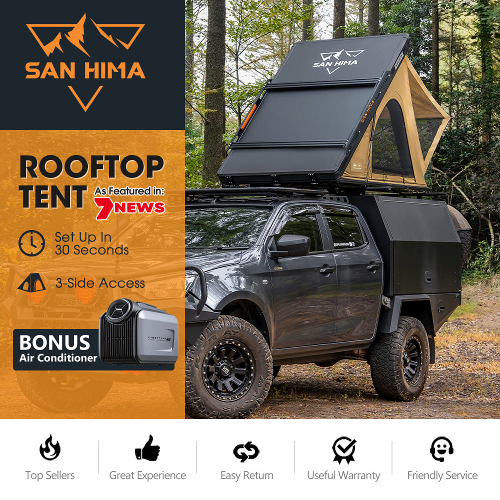 San Hima Kalbarri Lite Gen 2 Rooftop Tent Khaki + Rack + Cybertake Air Conditioner S2 Pro