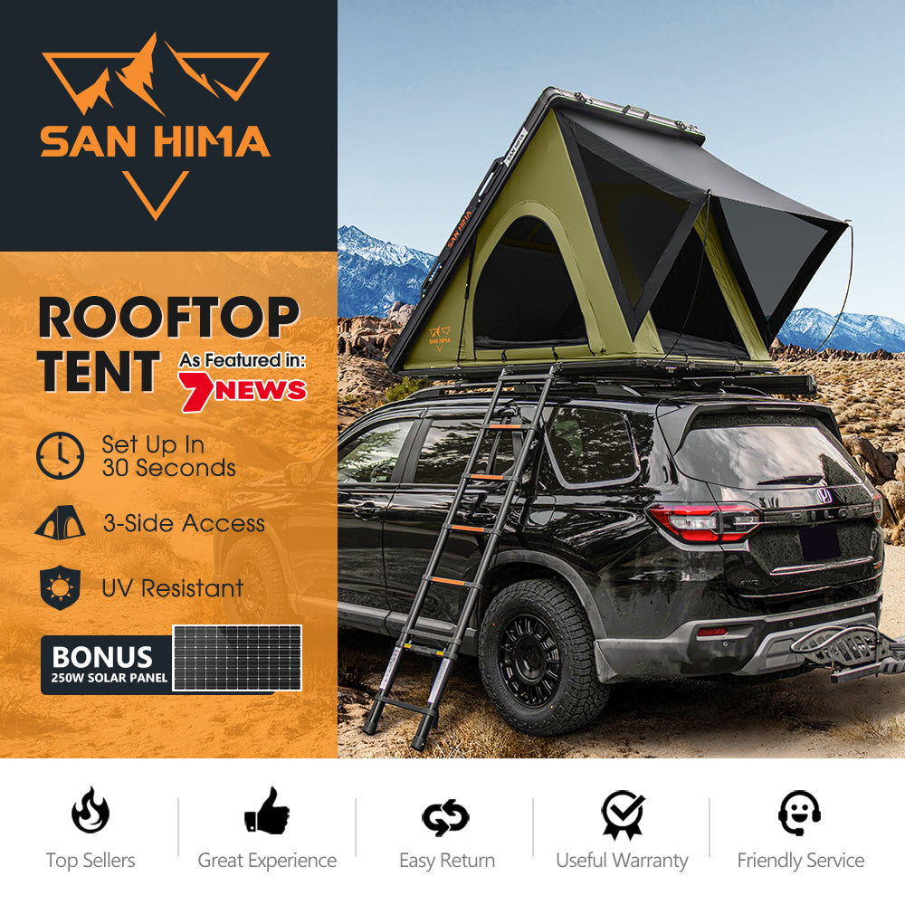 San Hima Kalbarri Lite Rooftop Tent Hardshell Olive+Ladder&Rack+250W Solar Panel - Sunyee