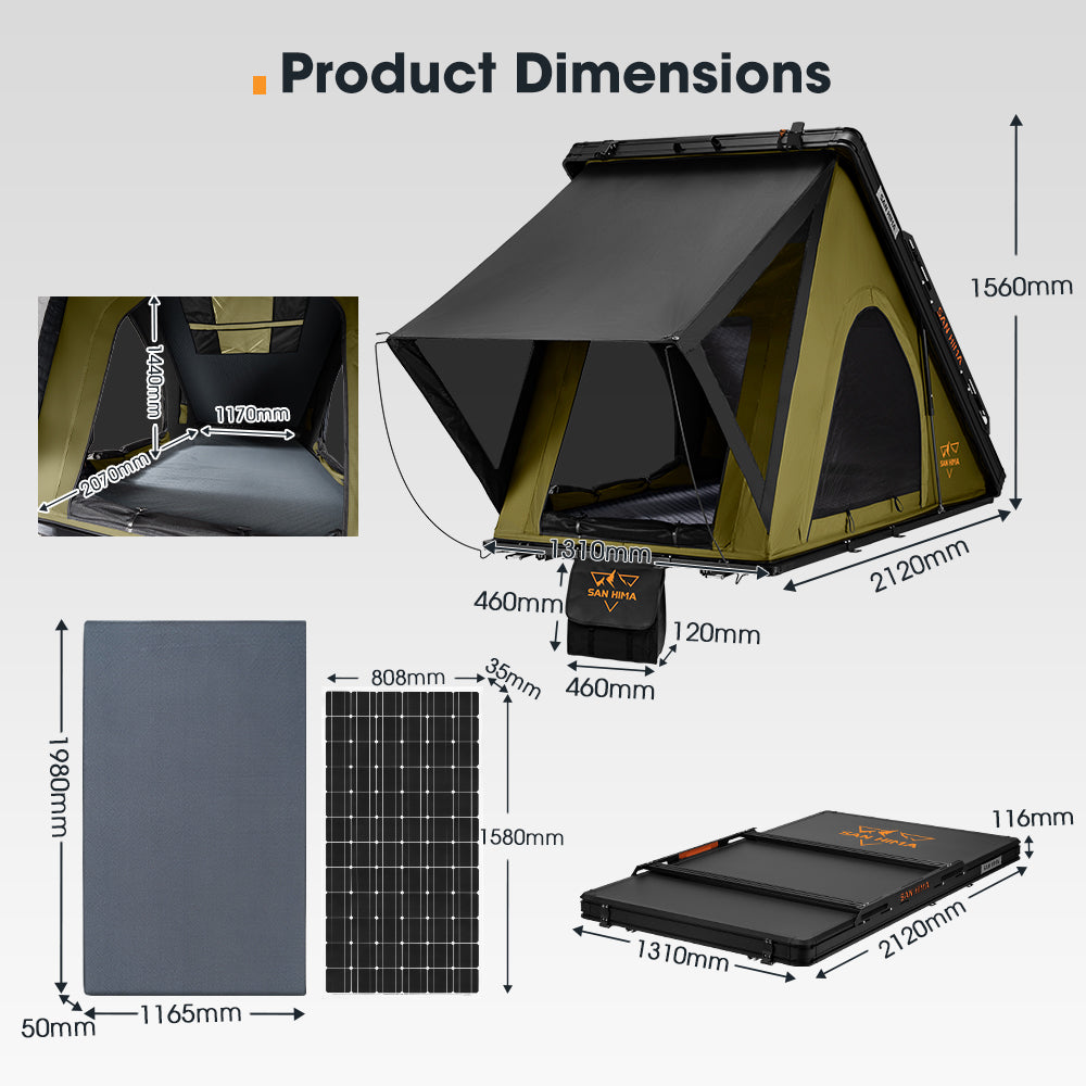 San Hima Kalbarri Lite Rooftop Tent Hardshell Olive+Ladder&Rack+250W Solar Panel - Sunyee