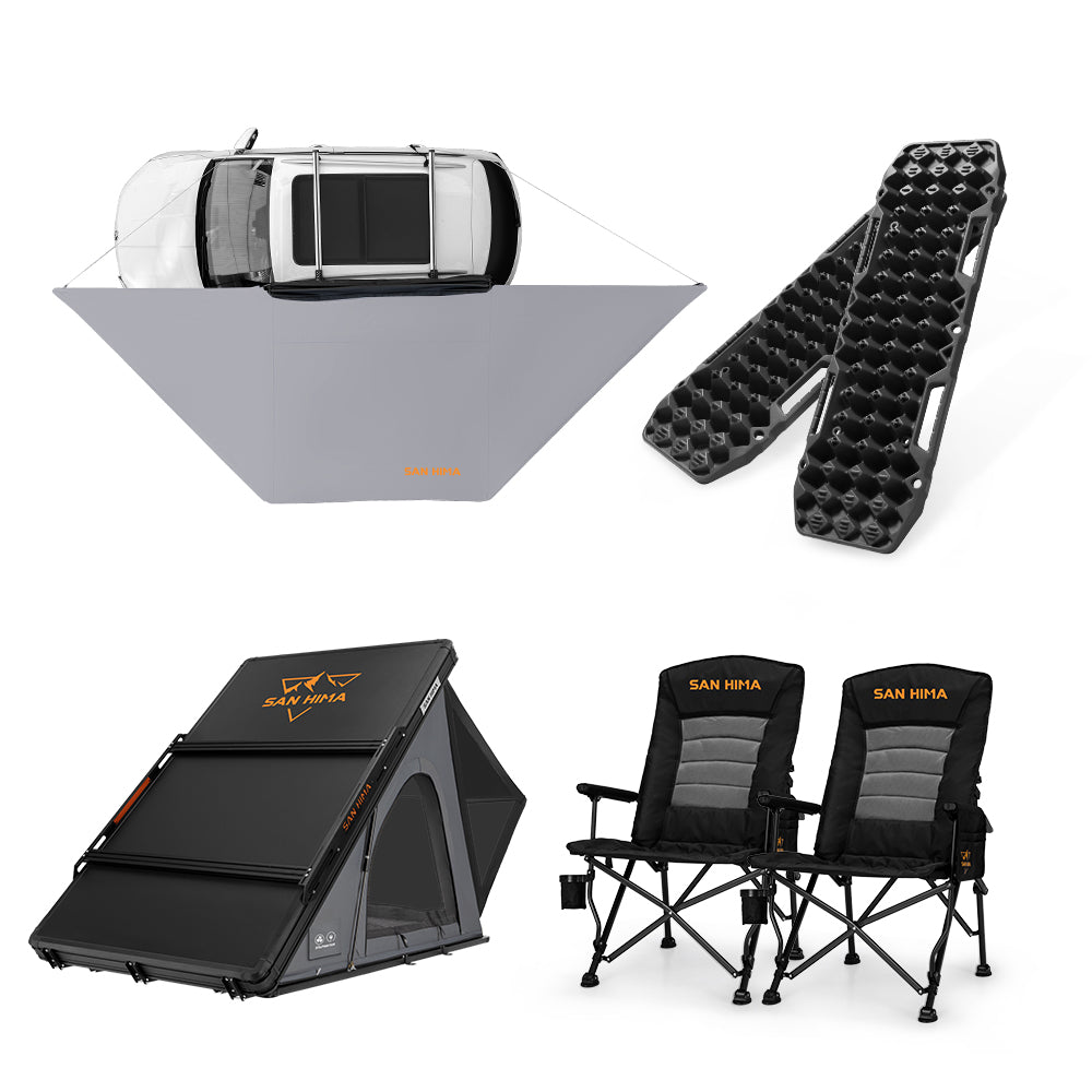 San Hima 180° Awning+Rooftop Tent&Rack+2xCamping Chairs+2xRecovery Boards Black