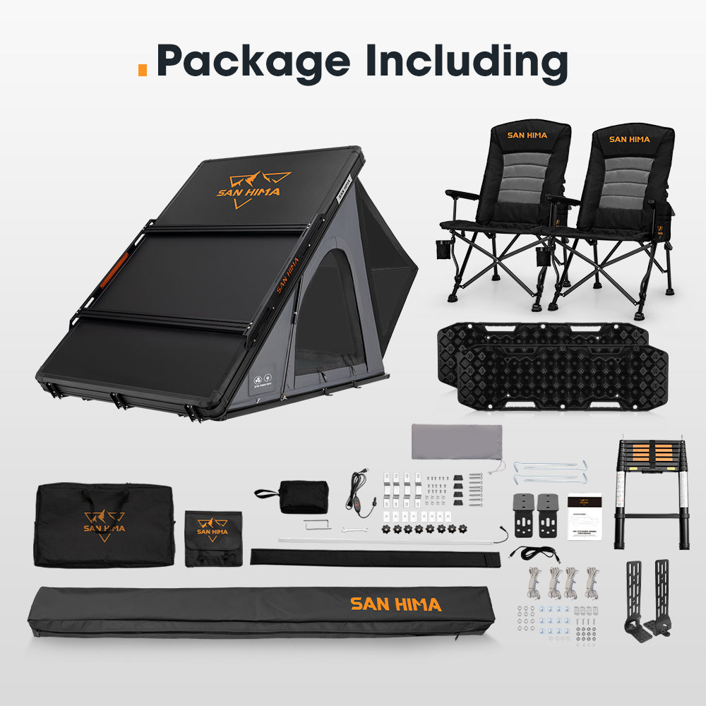 San Hima 180° Awning+Rooftop Tent&Rack+2xCamping Chairs+2xRecovery Boards Black