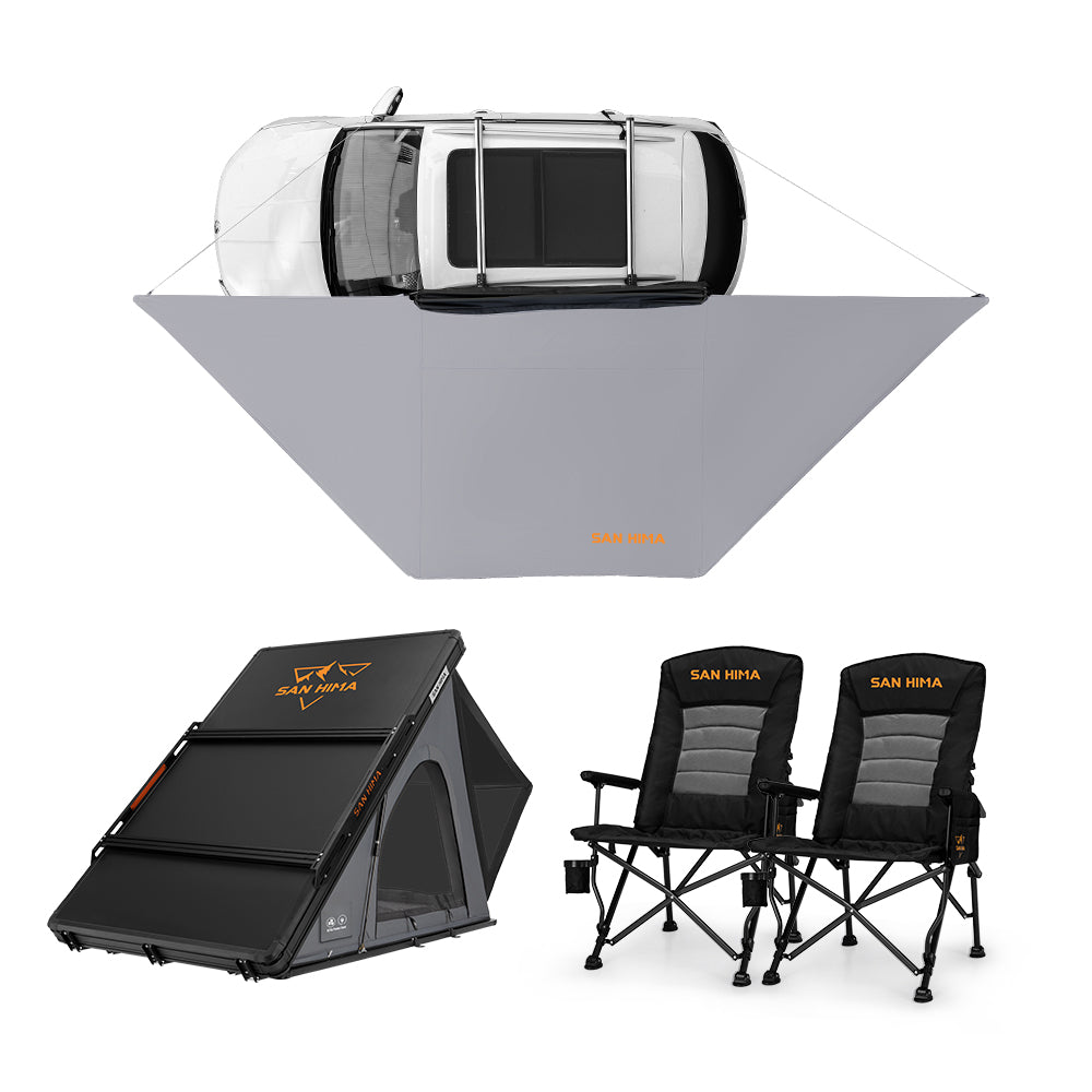 San Hima 180° Free-Standing Awning + Rooftop Tent + Roof Rack + 2xCamping Chairs