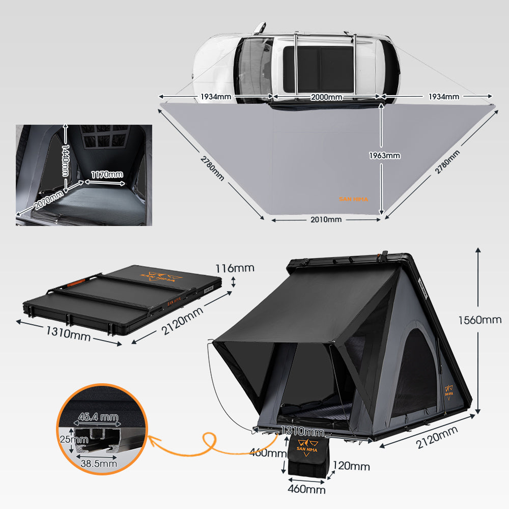 San Hima 180° Free-Standing Awning + Rooftop Tent + Roof Rack + 2xCamping Chairs