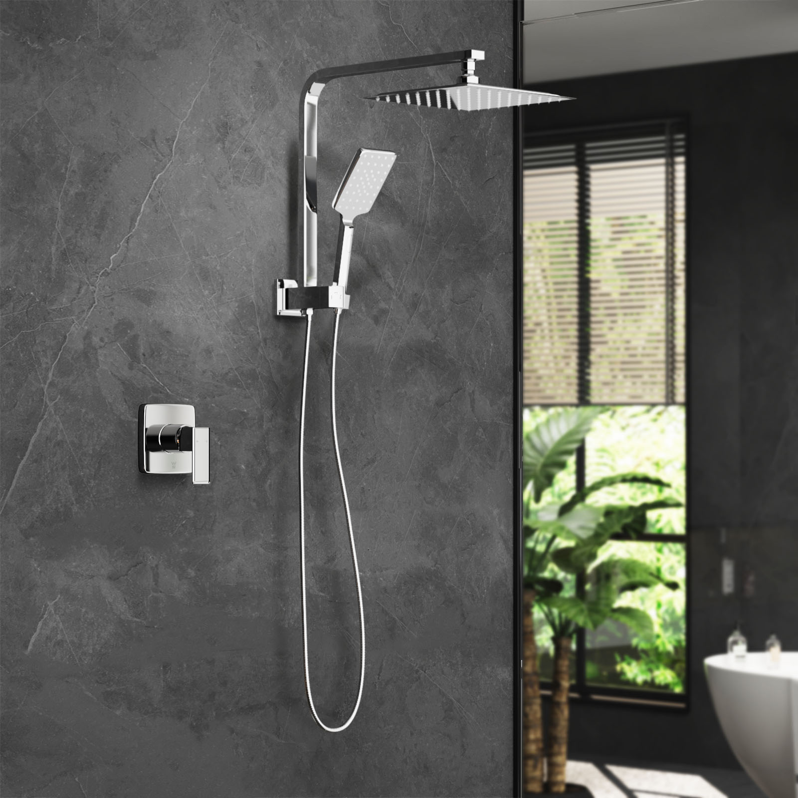 Welba 10" Rain Shower Head Set With Mixer Square 3-Mode Handheld Shower Chrome - Sunyee