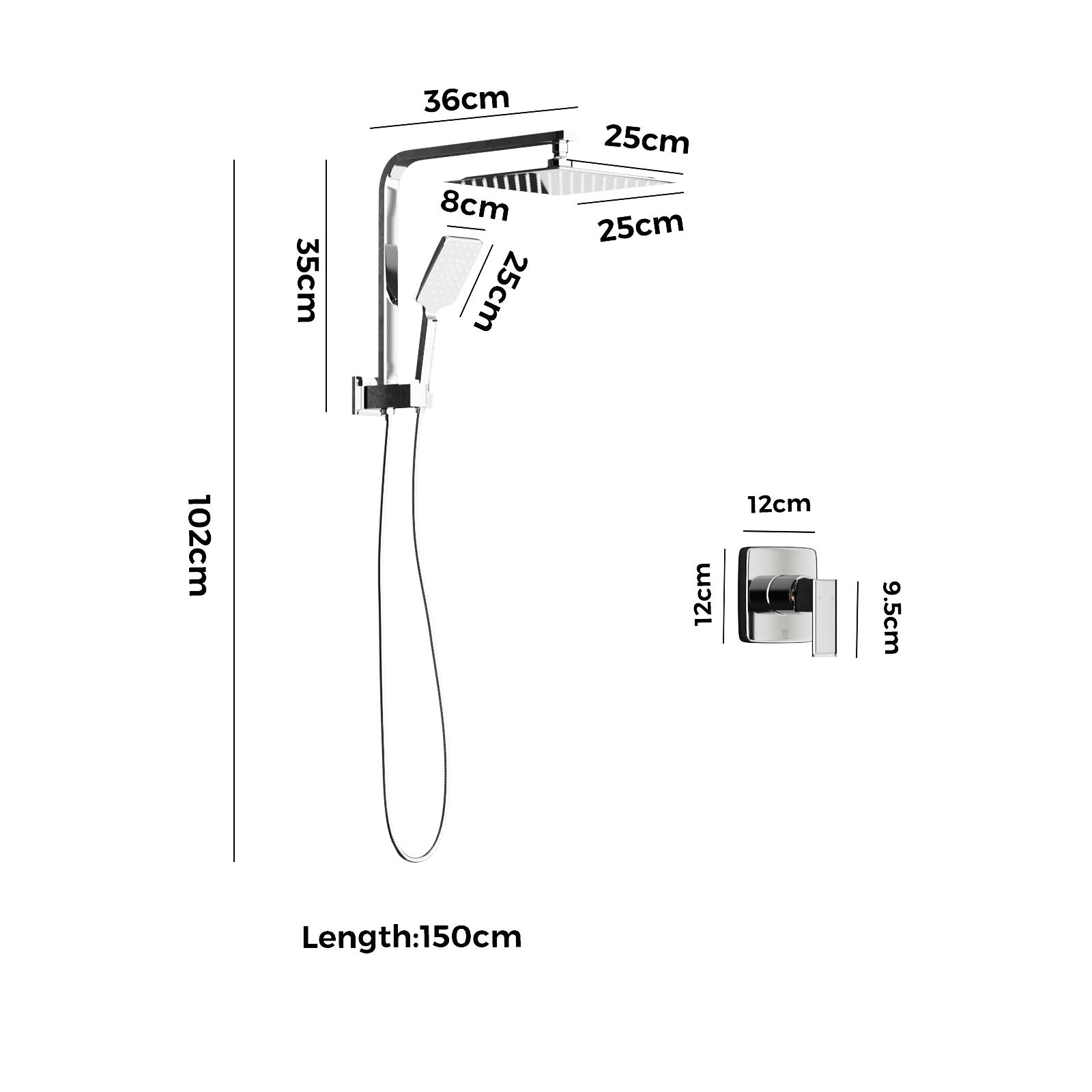 Welba 10" Rain Shower Head Set With Mixer Square 3-Mode Handheld Shower Chrome - Sunyee