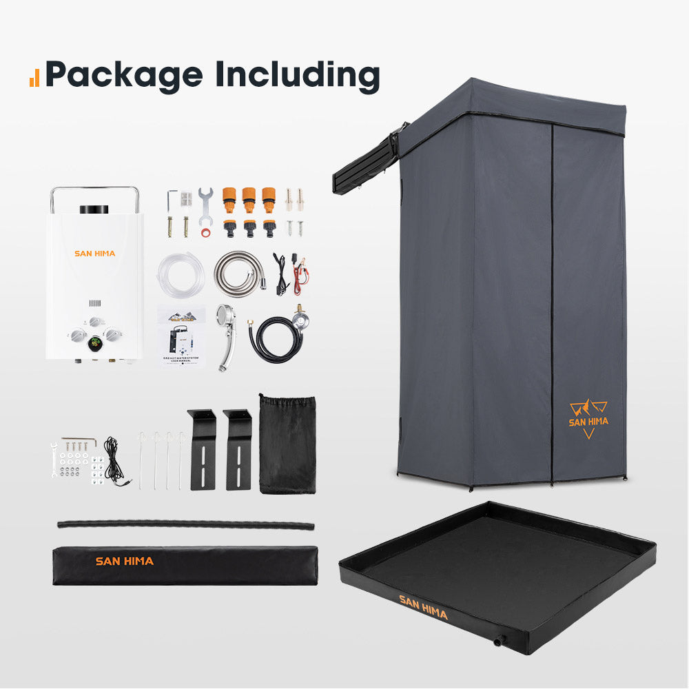 San Hima Shower Awning Instant Tent +Gas Hot Water Heater White+Shower Tent Base - Sunyee