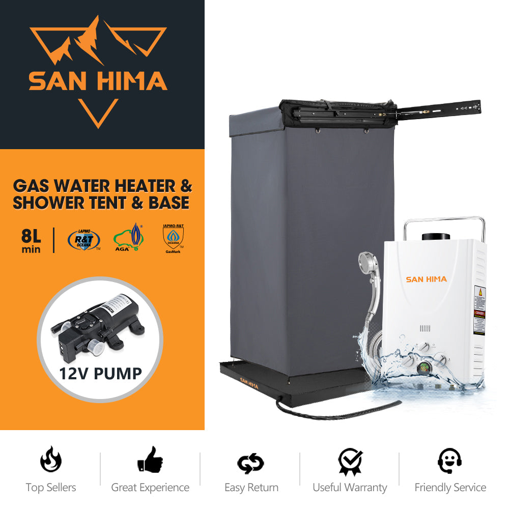San Hima Shower Awning Instant Tent +Gas Hot Water Heater White+Shower Tent Base - Sunyee