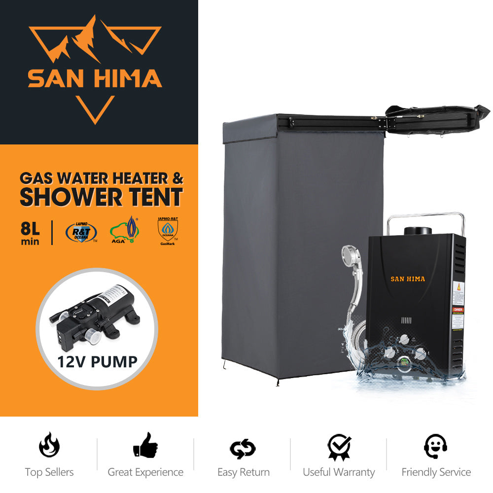 San Hima Shower Awning Tent Instant Ensuite Fold-Out + 8L Gas Hot Water Heater - Sunyee