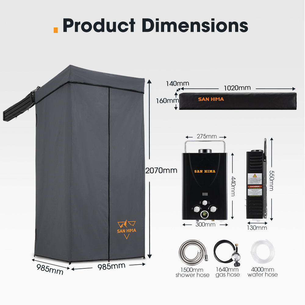 San Hima Shower Awning Tent Instant Ensuite Fold-Out + 8L Gas Hot Water Heater - Sunyee