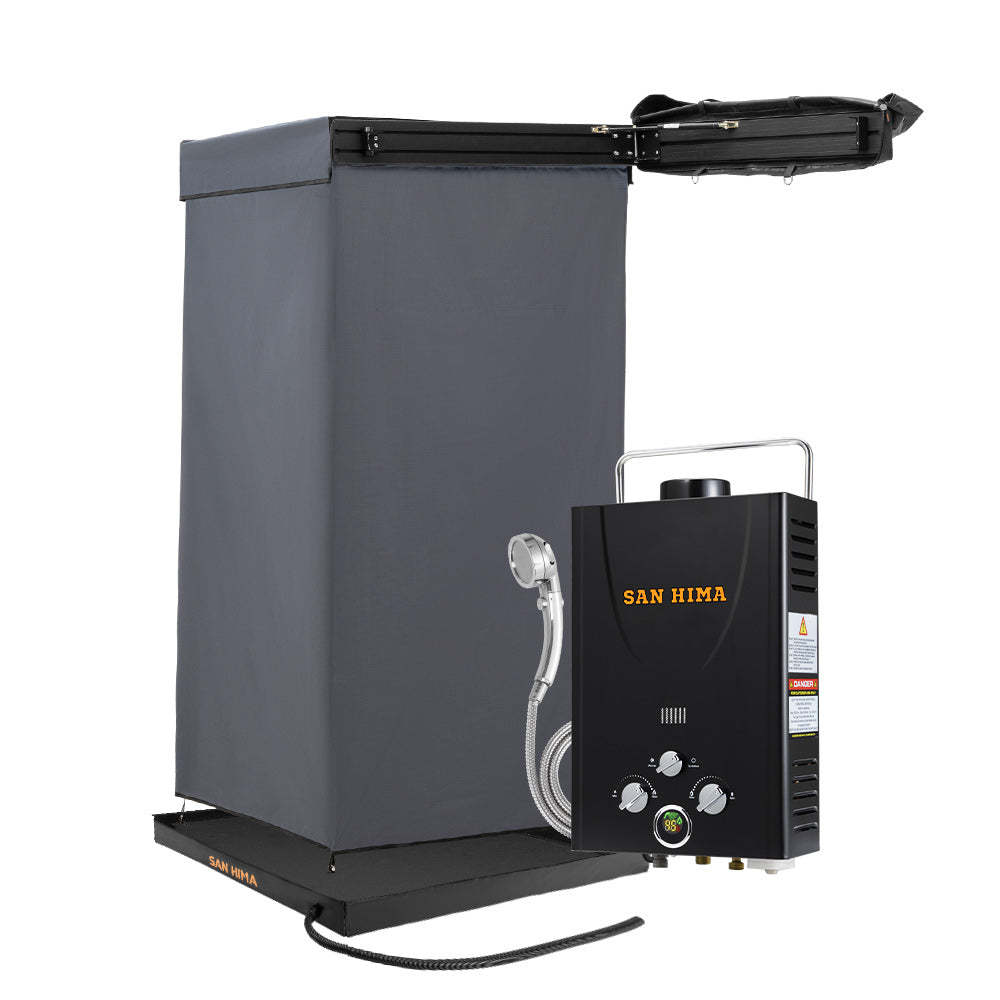 San Hima Shower Awning Instant Tent +Gas Hot Water Heater Black+Shower Tent Base - Sunyee
