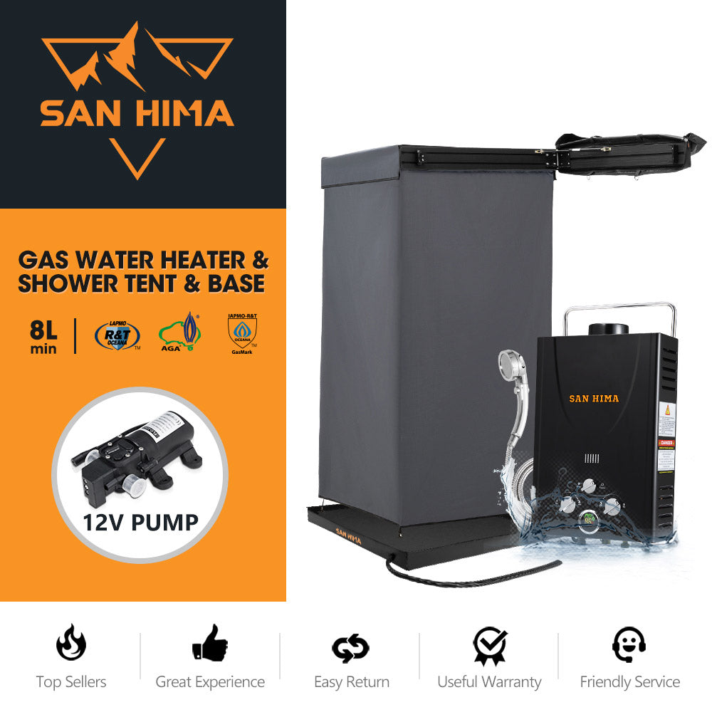 San Hima Shower Awning Instant Tent +Gas Hot Water Heater Black+Shower Tent Base - Sunyee