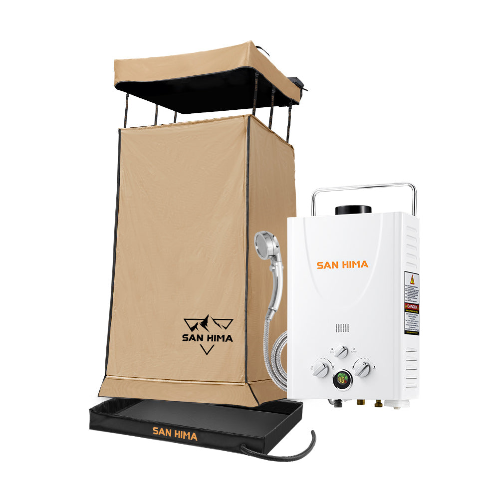 San Hima Camping Shower Tent Brown +Gas Hot Water Heater White +Shower Tent Base - Sunyee