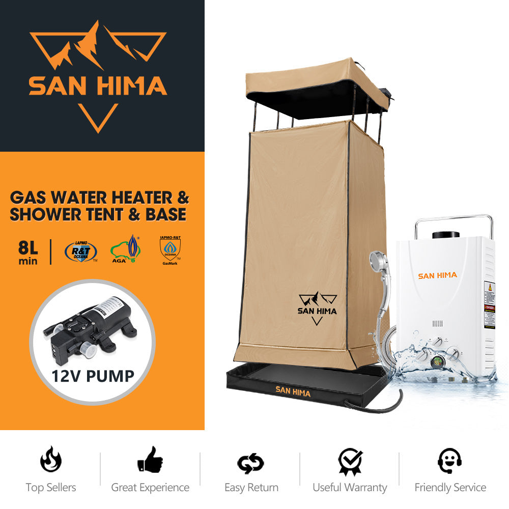 San Hima Camping Shower Tent Brown +Gas Hot Water Heater White +Shower Tent Base - Sunyee
