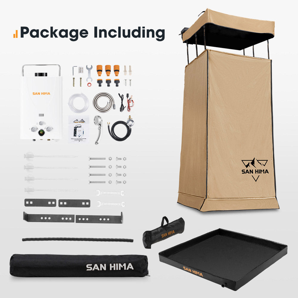 San Hima Camping Shower Tent Brown +Gas Hot Water Heater White +Shower Tent Base - Sunyee