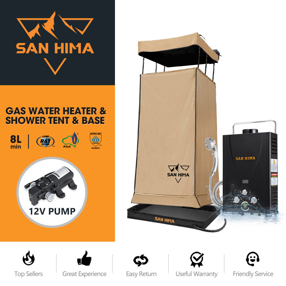 San Hima Camping Shower Tent Brown +Gas Hot Water Heater Black +Shower Tent Base - Sunyee