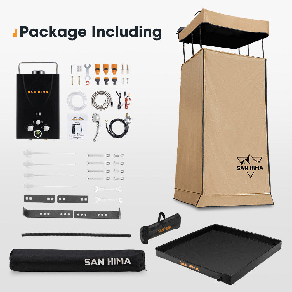 San Hima Camping Shower Tent Brown +Gas Hot Water Heater Black +Shower Tent Base - Sunyee