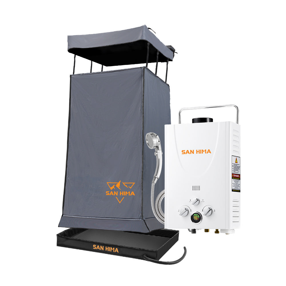 San Hima Camping Shower Tent Grey + Gas Hot Water Heater White +Shower Tent Base - Sunyee