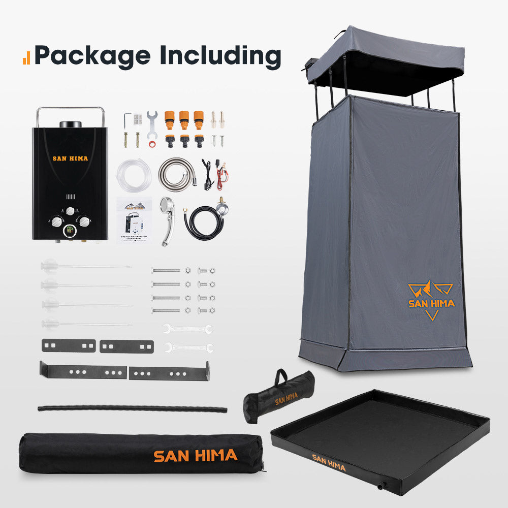 San Hima Camping Shower Tent Grey + Gas Hot Water Heater Black +Shower Tent Base - Sunyee
