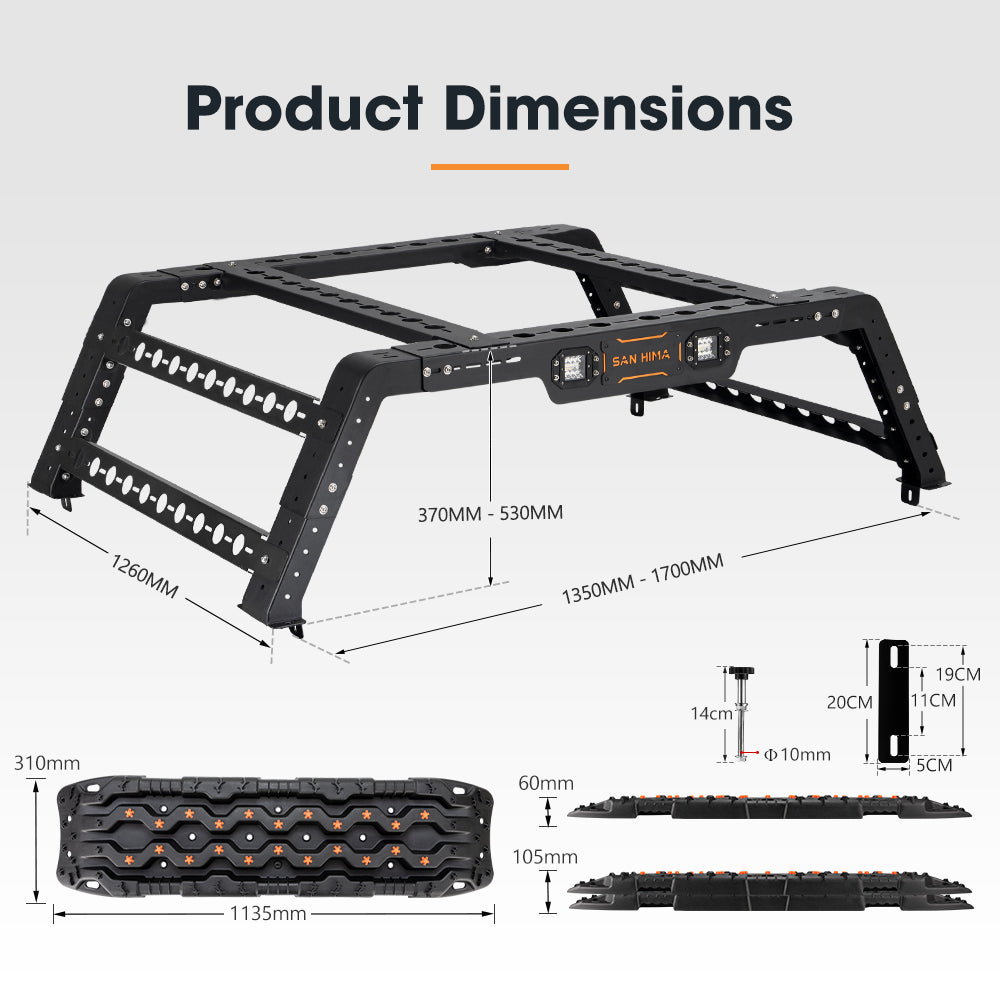 San Hima Universal Ute Tub Rack 3mm Steel + Pair Recovery Tracks 15T Board Black - Sunyee