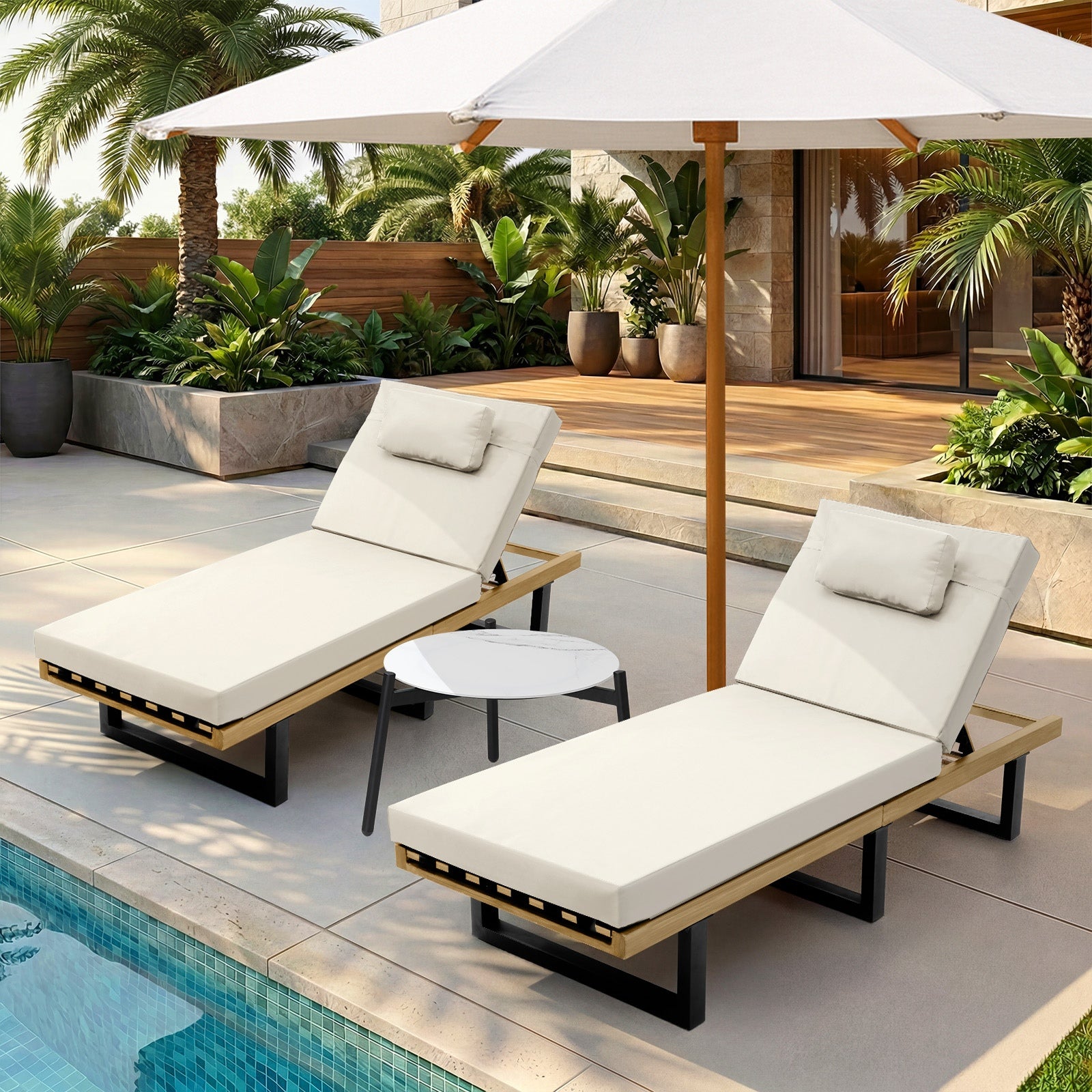 Livsip 2PCS Sun Lounge with Table Outdoor Lounger Daybed Patio Furniture Beige