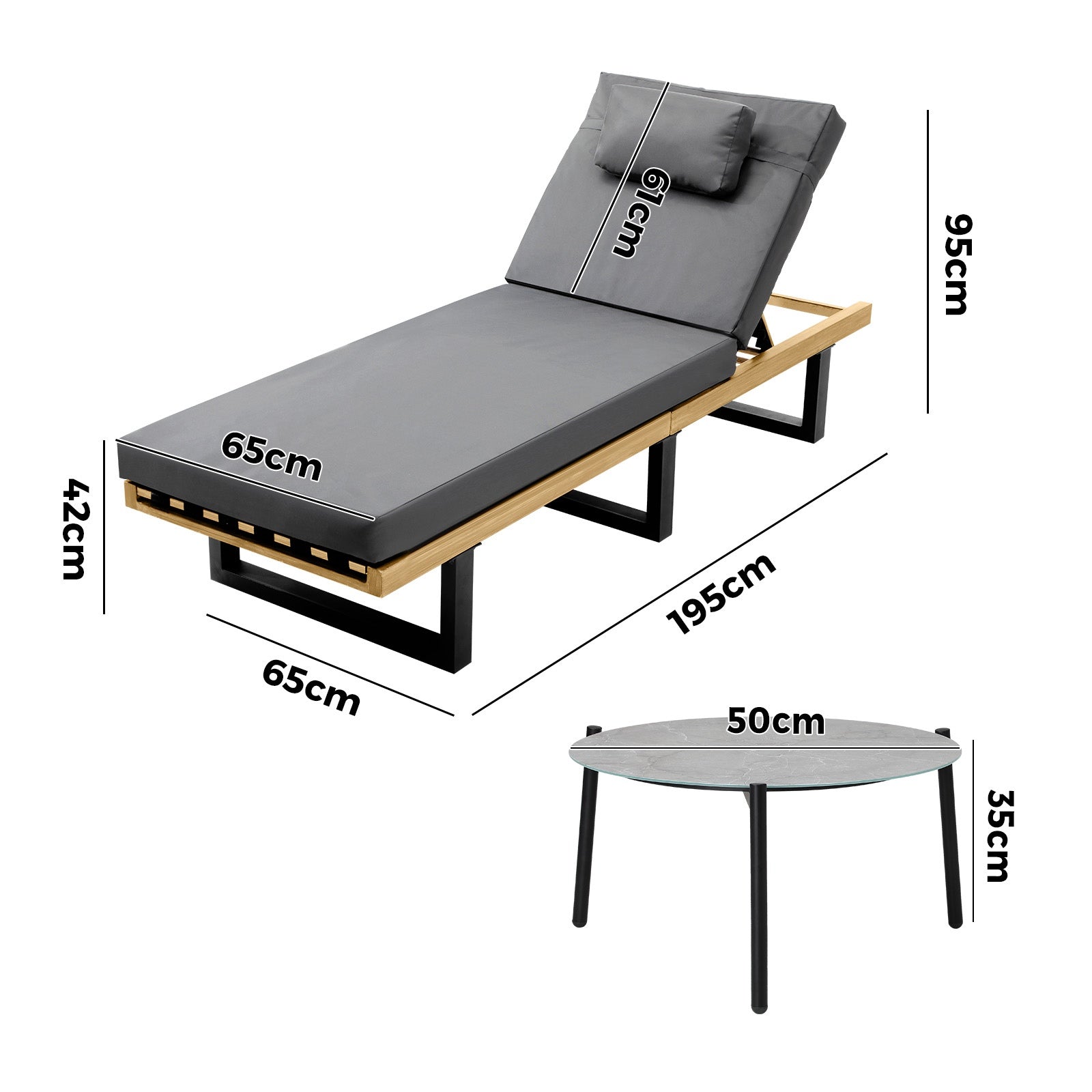 Livsip Sun Lounge Set with Table Outdoor Lounger Chairs Patio Furniture Grey