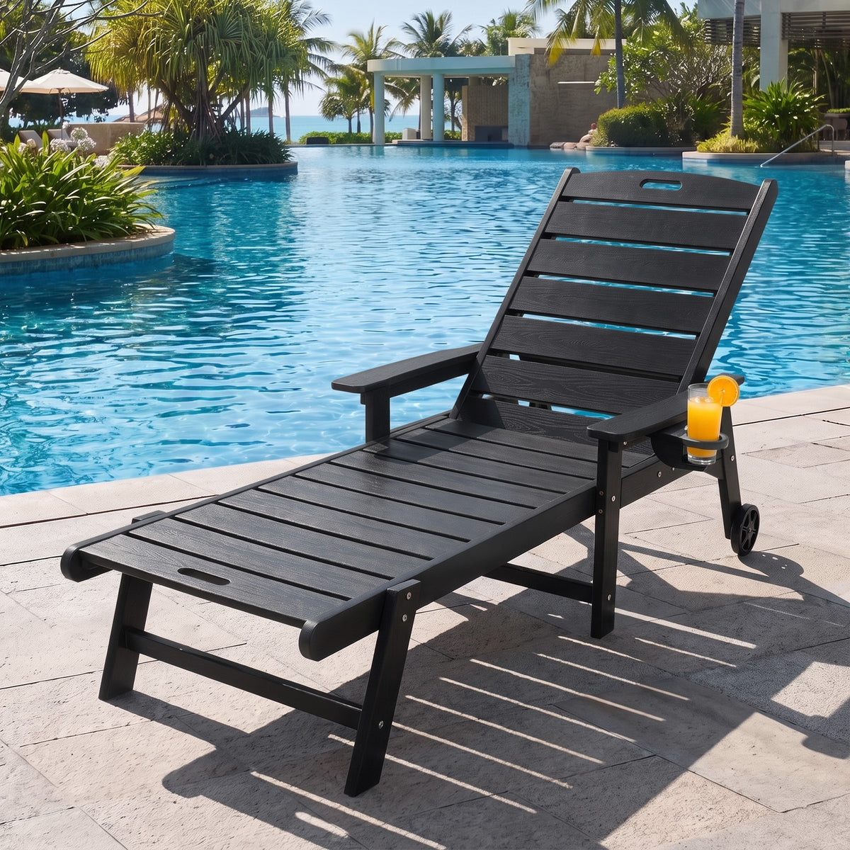 Livsip HDPE Sun Lounge Adjustable Outdoor Lounger Beach Chair with Wheels Black