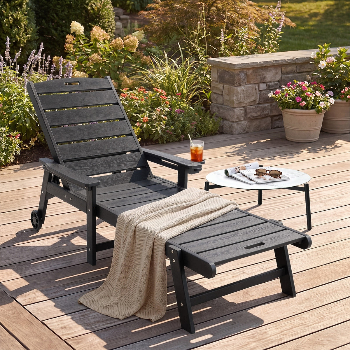 Livsip HDPE Sun Lounge Adjustable Outdoor Lounger Beach Chair with Wheels Black
