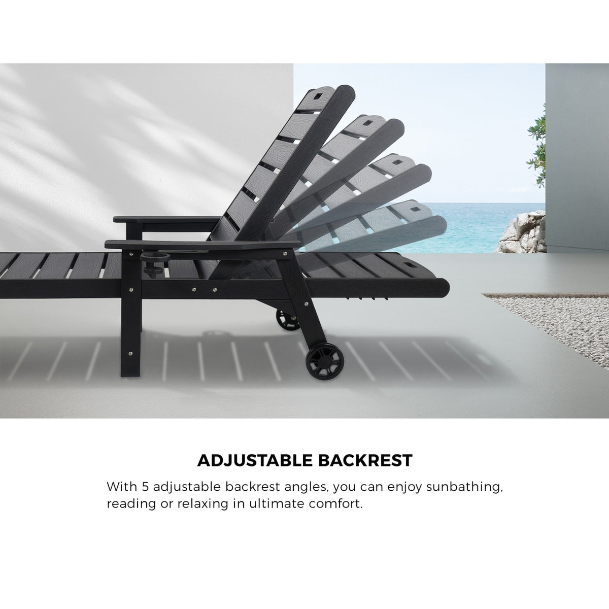 Livsip HDPE Sun Lounge Adjustable Outdoor Lounger Beach Chair with Wheels Black