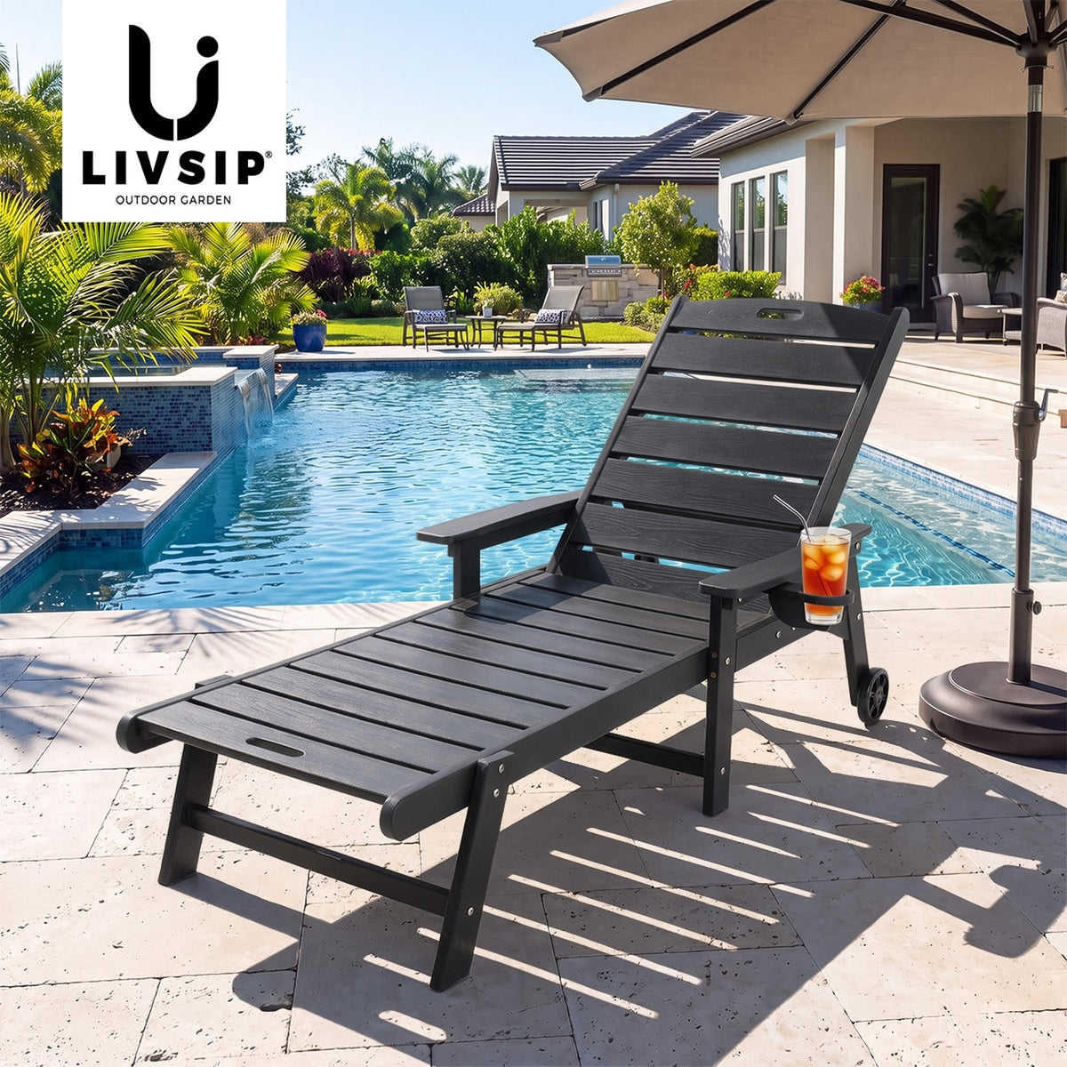 Livsip HDPE Sun Lounge Adjustable Outdoor Lounger Beach Chair with Wheels Black
