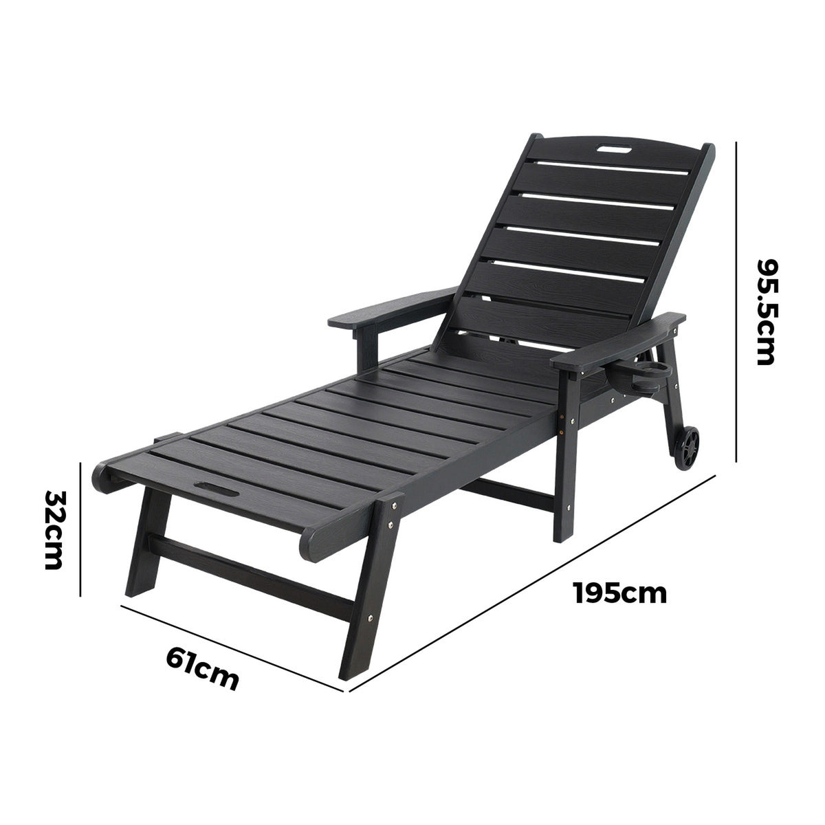Livsip HDPE Sun Lounge Adjustable Outdoor Lounger Beach Chair with Wheels Black