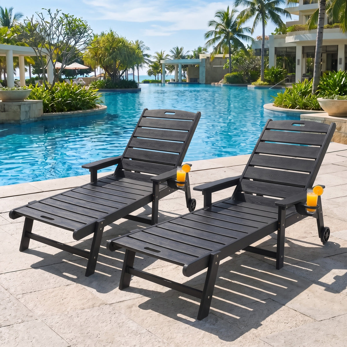 Livsip 2PCS HDPE Sun Lounge Outdoor Lounger Beach Chair Patio Furniture Black