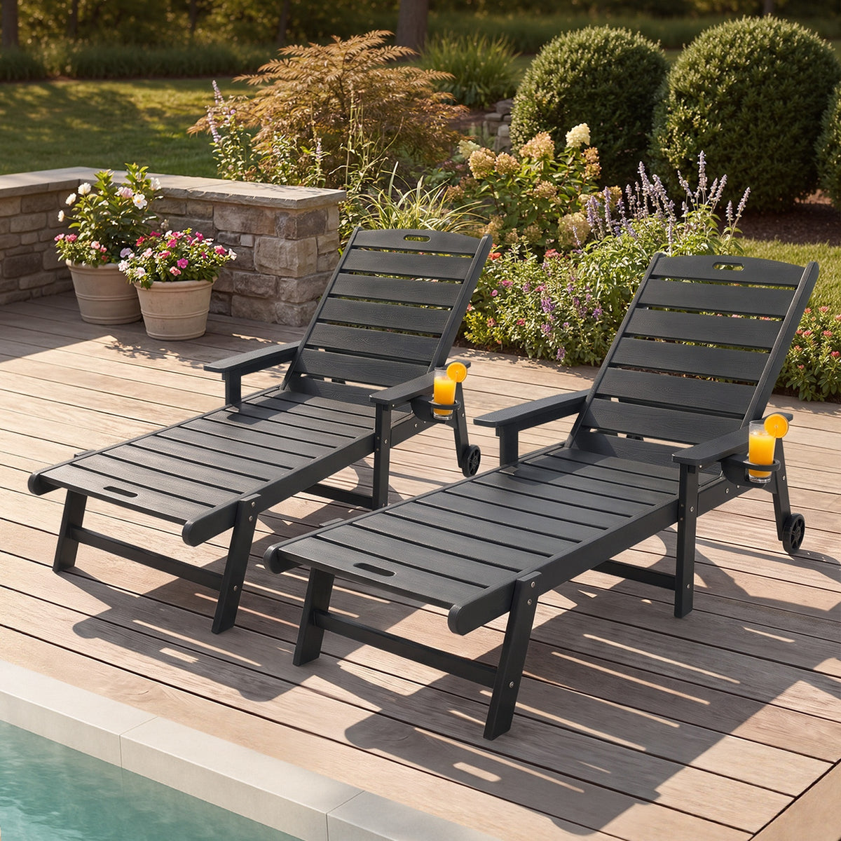 Livsip 2PCS HDPE Sun Lounge Outdoor Lounger Beach Chair Patio Furniture Black