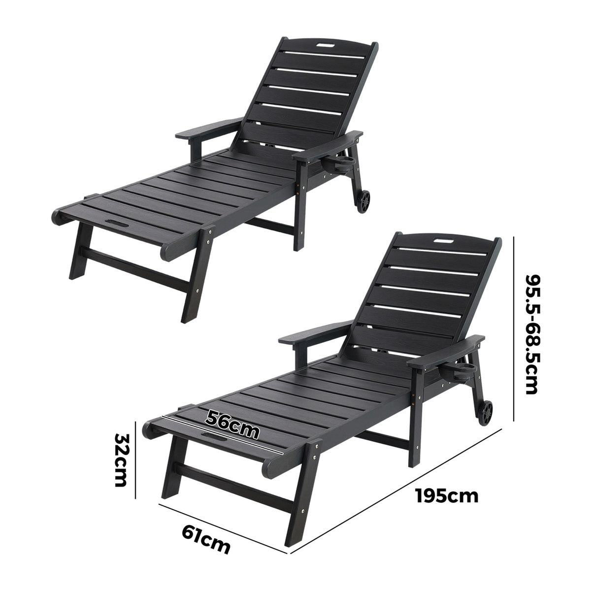 Livsip 2PCS HDPE Sun Lounge Outdoor Lounger Beach Chair Patio Furniture Black