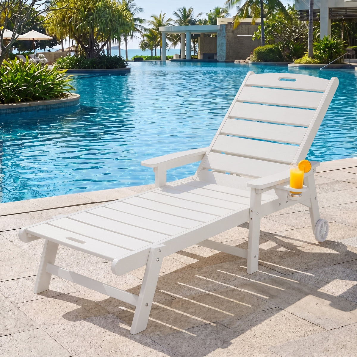 Livsip HDPE Sun Lounge Adjustable Outdoor Lounger Beach Chair with Wheels White