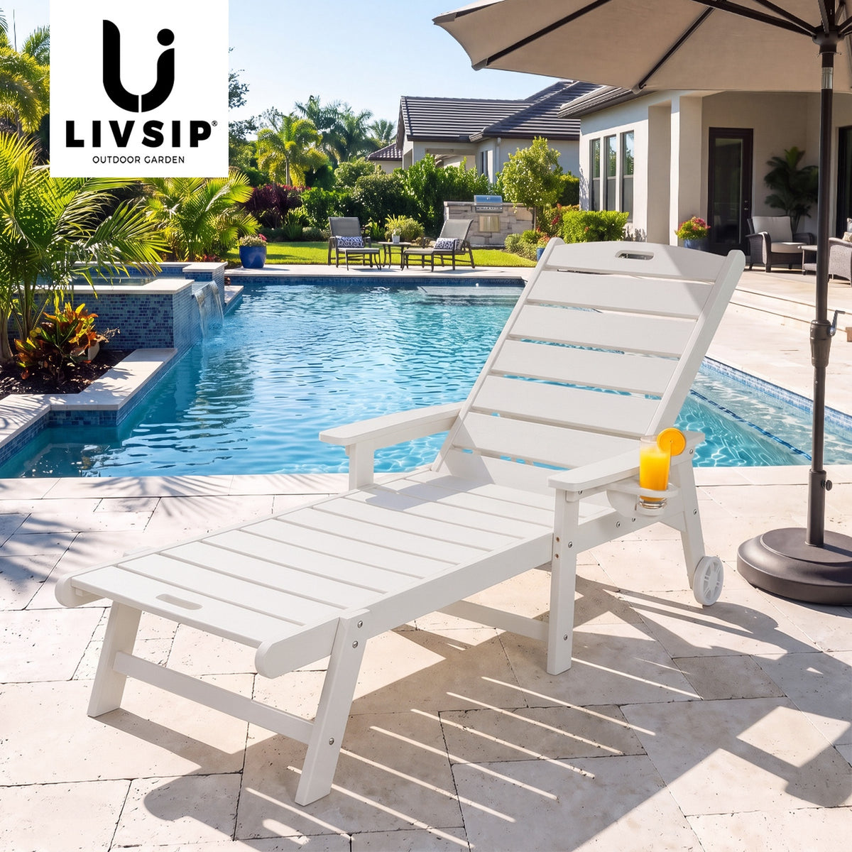 Livsip HDPE Sun Lounge Adjustable Outdoor Lounger Beach Chair with Wheels White