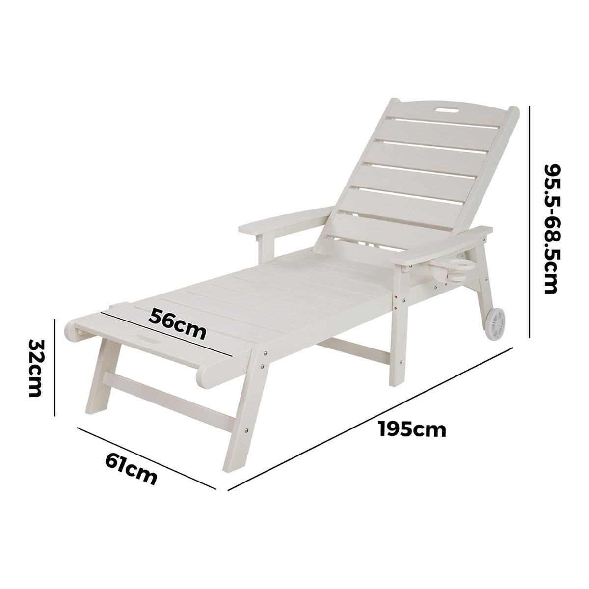 Livsip HDPE Sun Lounge Adjustable Outdoor Lounger Beach Chair with Wheels White