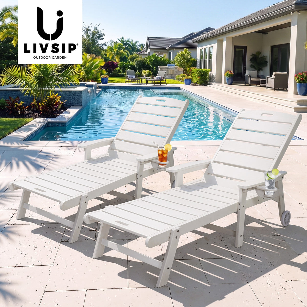 Livsip 2PCS HDPE Sun Lounge Outdoor Lounger Beach Chair Patio Furniture White