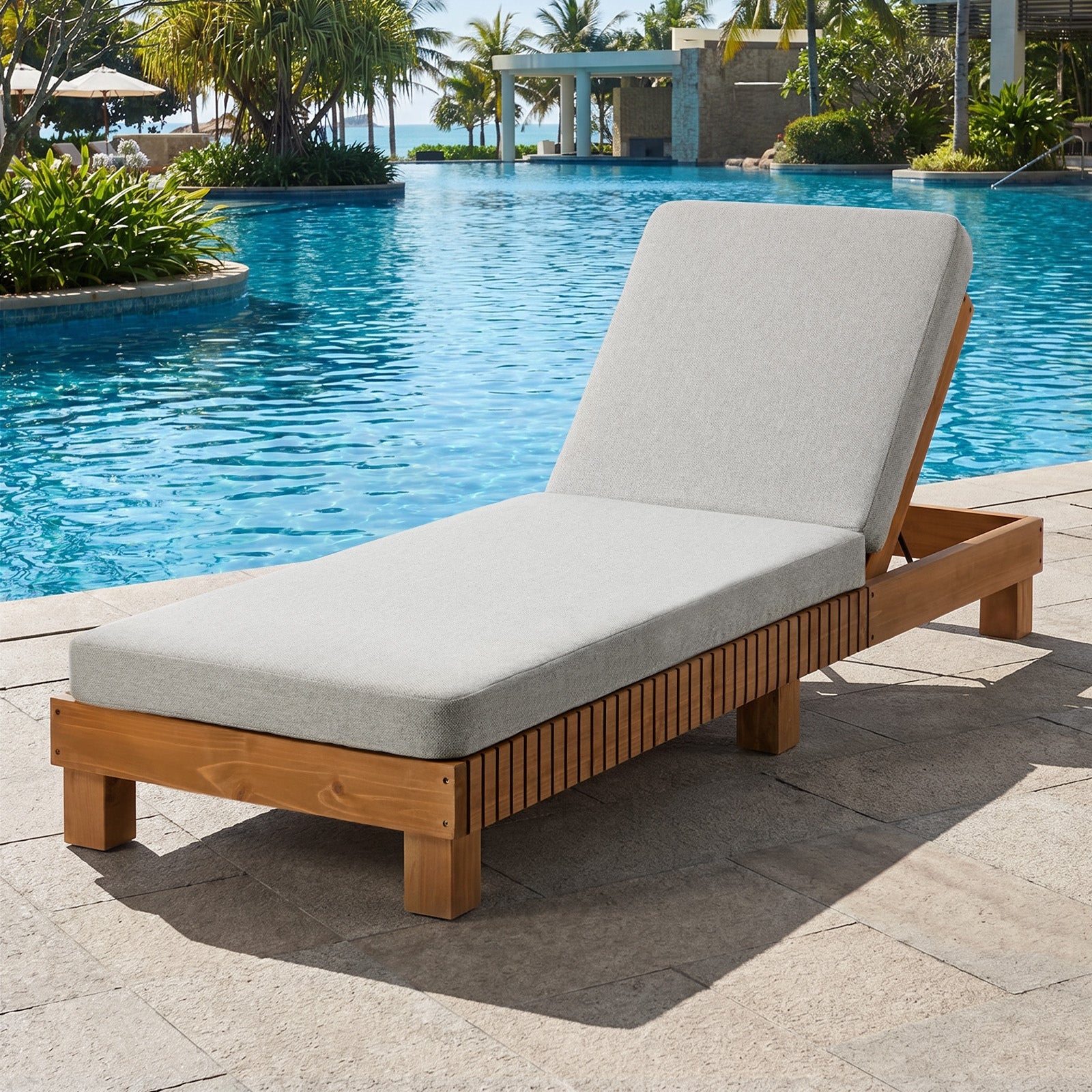 Livsip Outdoor Sun Lounge Wooden Lounger Day Bed Recliner Patio Furniture Beige