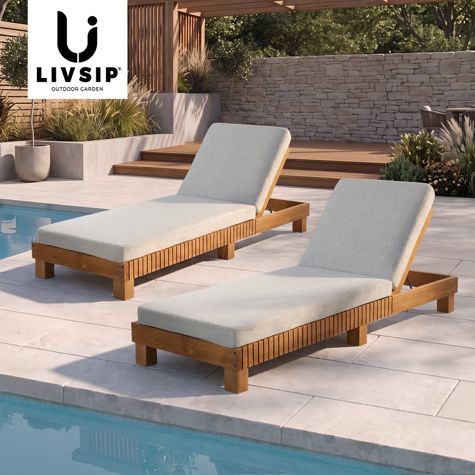 Livsip 2PCS Outdoor Sun Lounge Set Wooden Lounger Daybed Patio Furniture Beige