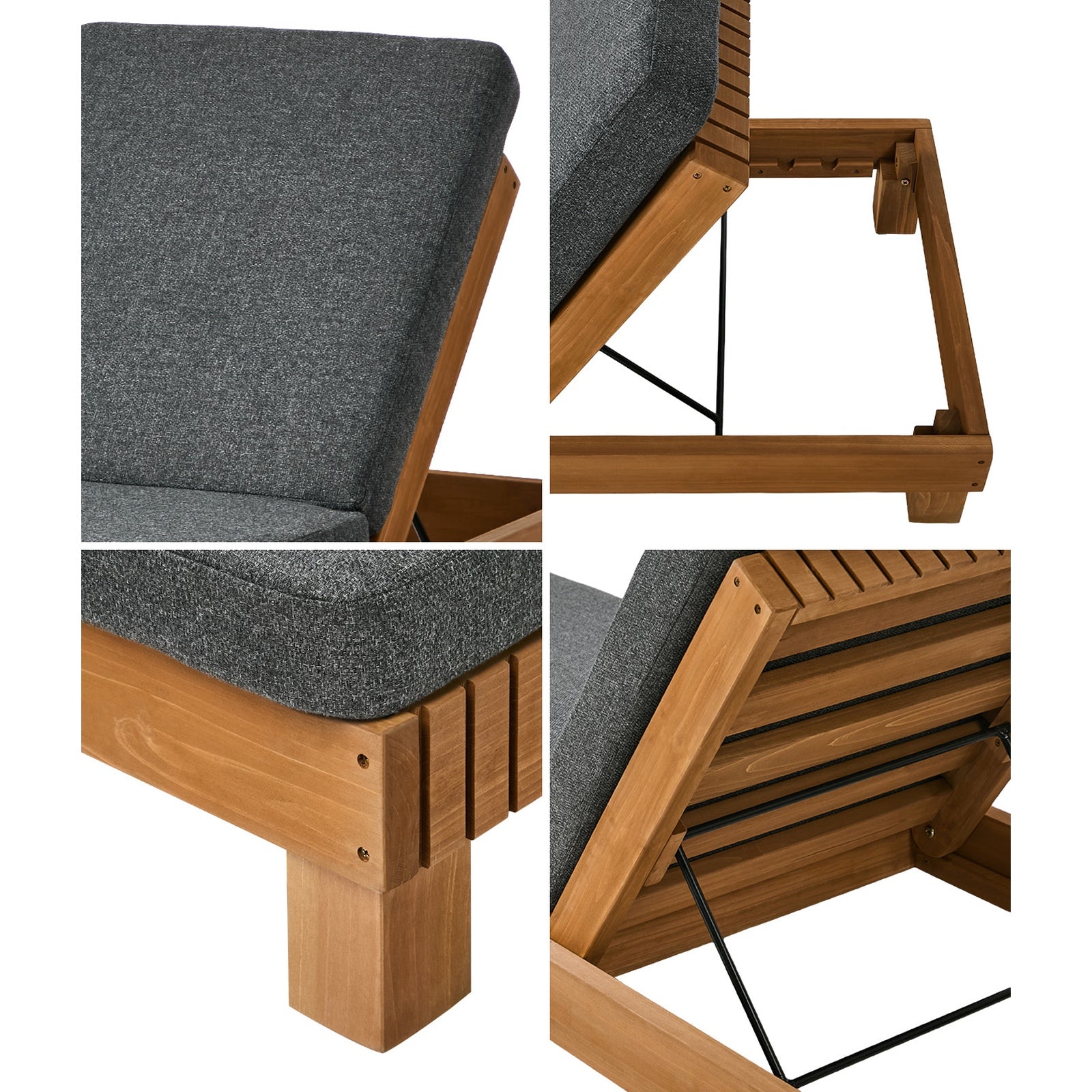 Livsip Outdoor Sun Lounge Wooden Lounger Day Bed Recliner Patio Furniture Grey