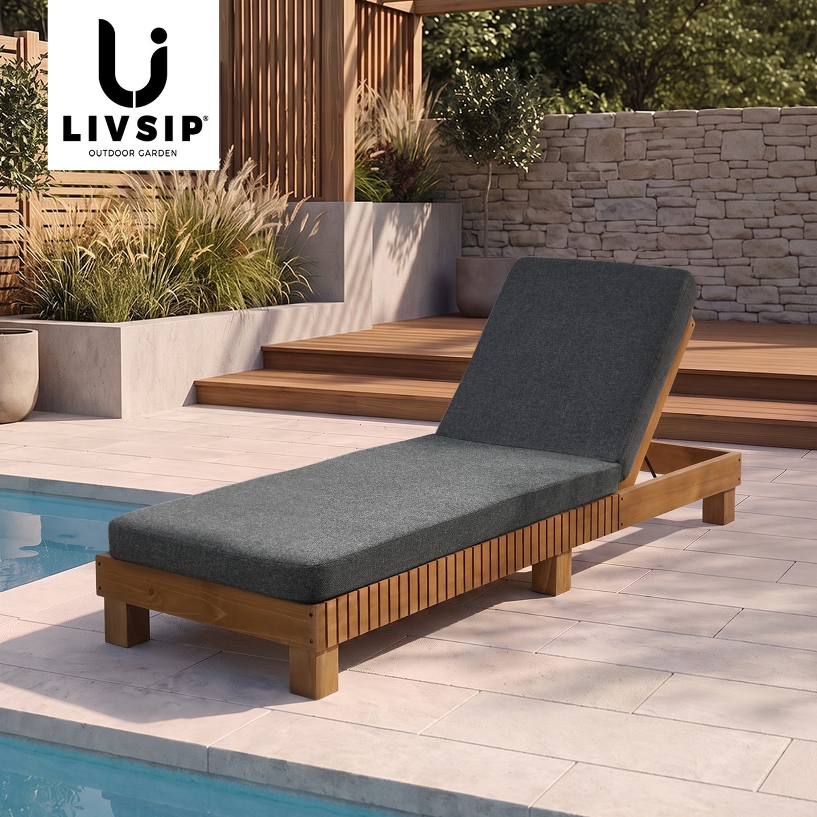 Livsip Outdoor Sun Lounge Wooden Lounger Day Bed Recliner Patio Furniture Grey