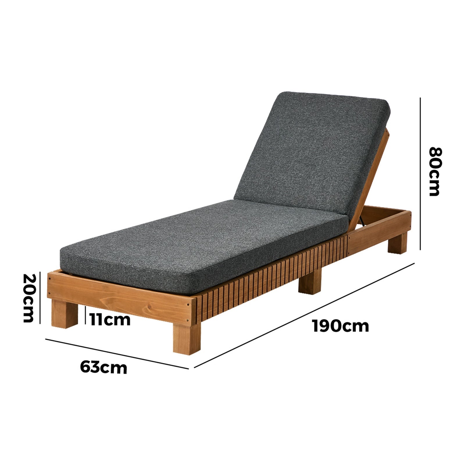 Livsip Outdoor Sun Lounge Wooden Lounger Day Bed Recliner Patio Furniture Grey