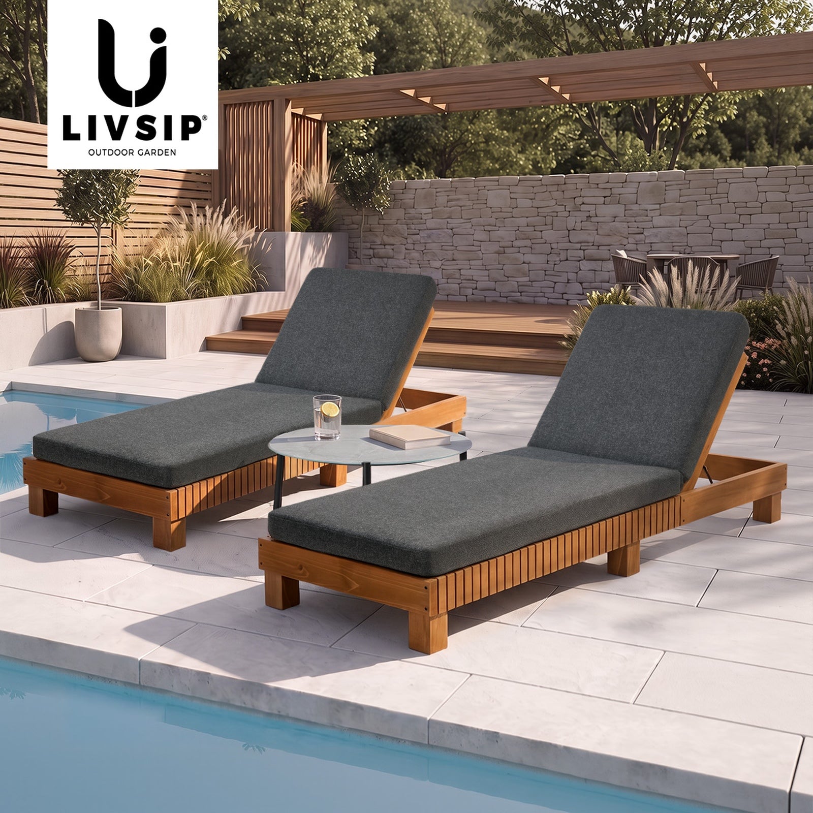 Livsip Sun Lounge Set with Table Outdoor Lounge Daybed Recliner Furniture Grey