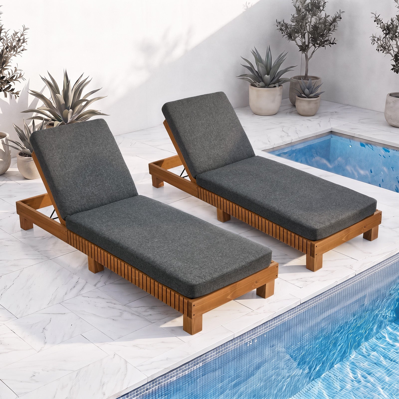 Livsip 2PCS Outdoor Sun Lounge Set Wooden Lounger Daybed Patio Furniture Grey